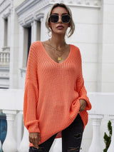 Rib-Knit Drop Shoulder V-Neck Pullover Sweater king-general-store-5710.myshopify.com