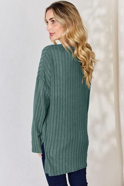 Basic Bae Full Size Ribbed Half Button Long Sleeve High-Low T-Shirt king-general-store-5710.myshopify.com