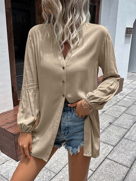 Double Take Notched Neck Balloon Sleeve Shirt king-general-store-5710.myshopify.com