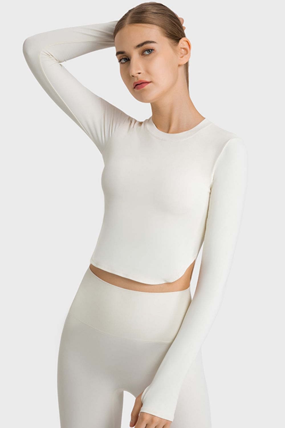 Side Slit Long Sleeve Round Neck Crop Top king-general-store-5710.myshopify.com