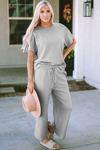 Double Take Full Size Texture Short Sleeve Top and Pants Set king-general-store-5710.myshopify.com
