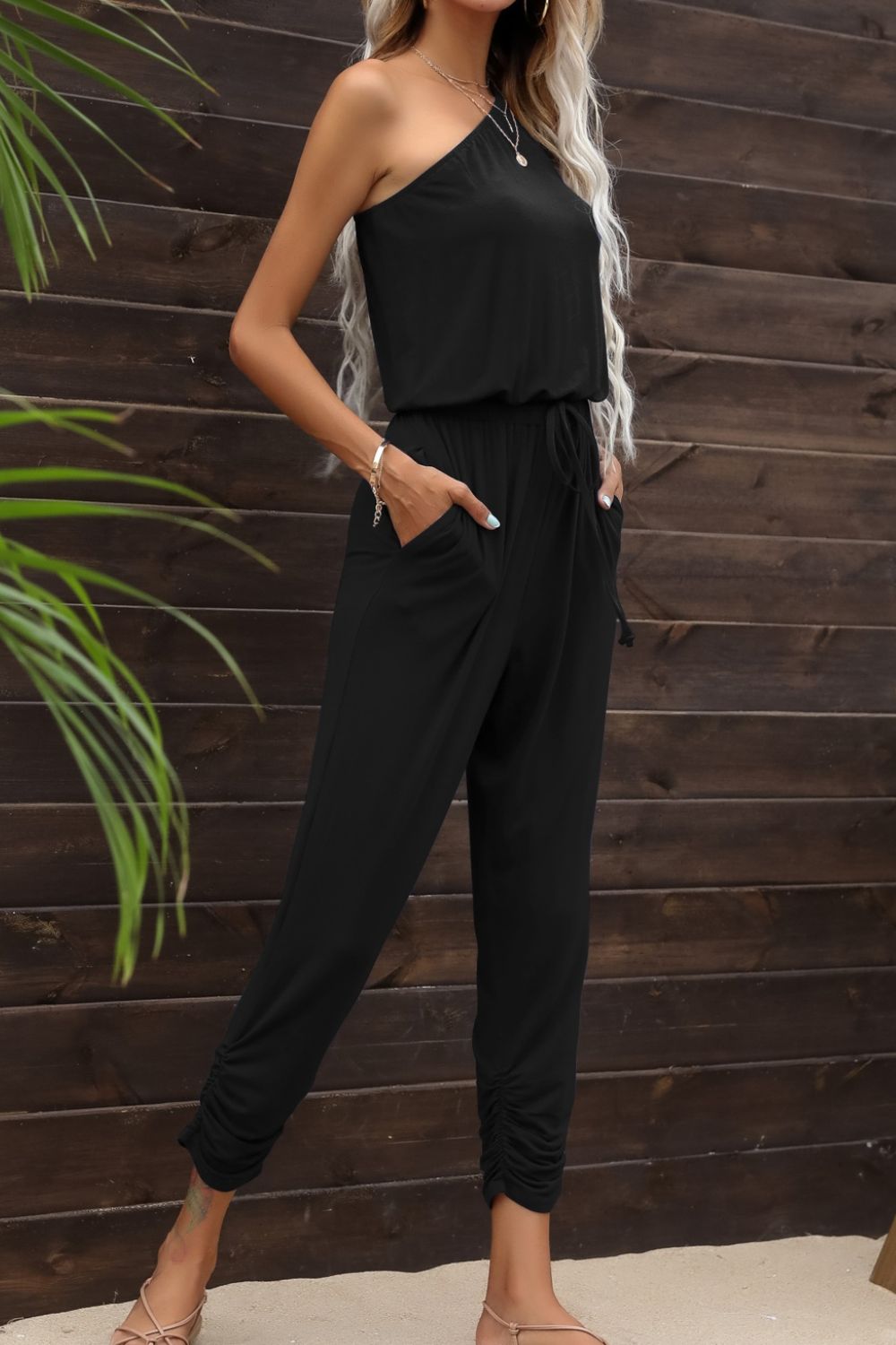 Drawstring Waist One-Shoulder Jumpsuit with Pockets king-general-store-5710.myshopify.com