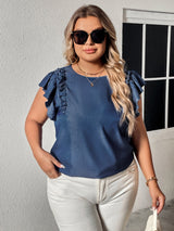 Plus Size Round Neck Flounce Sleeve Frill Trim Blouse king-general-store-5710.myshopify.com