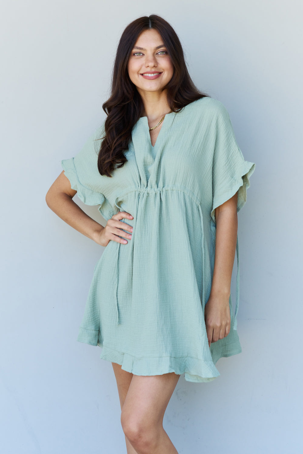 Ninexis Out Of Time Full Size Ruffle Hem Dress with Drawstring Waistband in Light Sage king-general-store-5710.myshopify.com