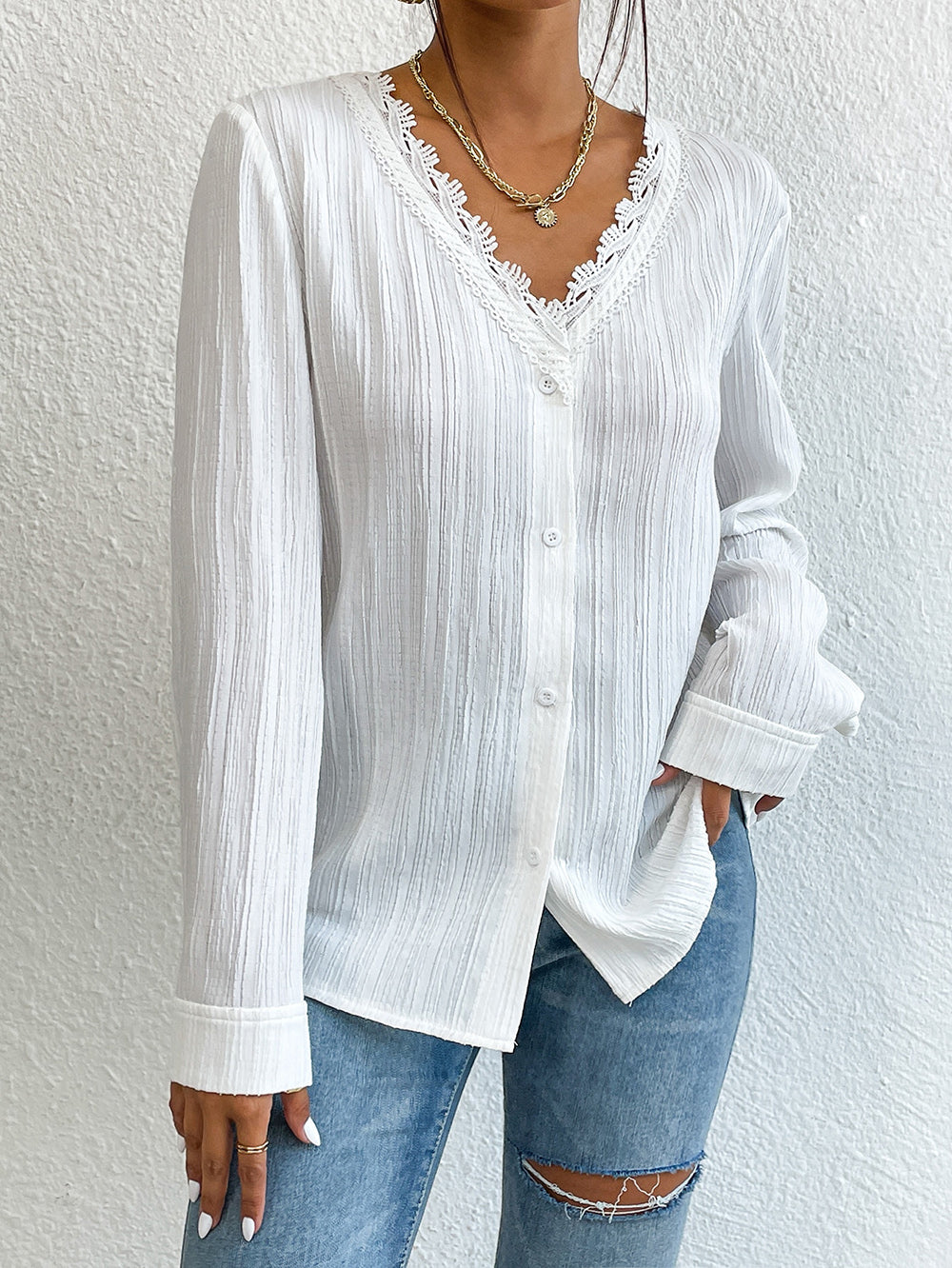 Lace Trim V-Neck Long Sleeve Shirt king-general-store-5710.myshopify.com