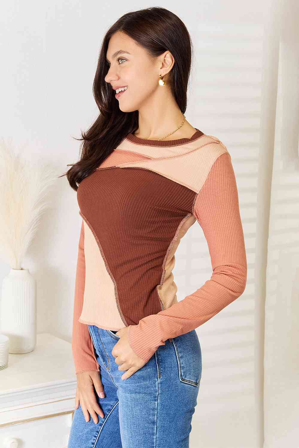 Double Take Color Block Exposed Seam Long Sleeve Top king-general-store-5710.myshopify.com