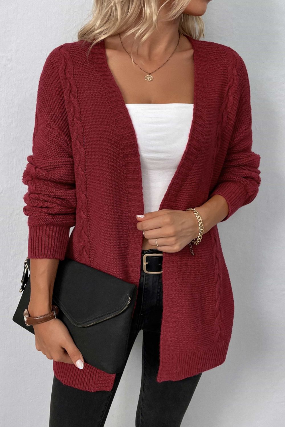 Cable-Knit Open Front Cardigan with Pockets king-general-store-5710.myshopify.com