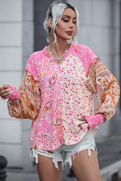 Printed Buttoned Lantern Sleeve Shirt king-general-store-5710.myshopify.com