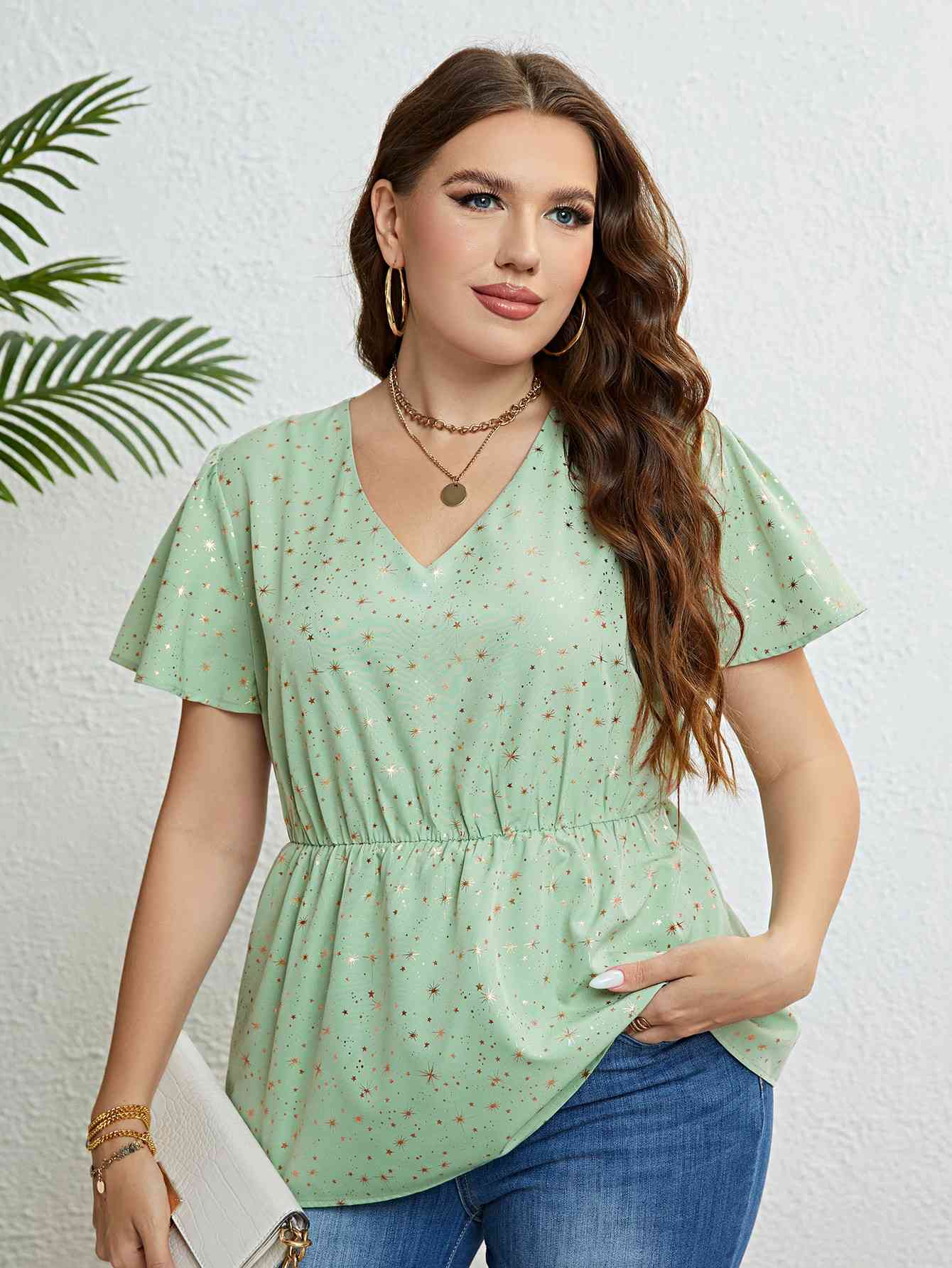 Star V-Neck Puff Sleeve Peplum Top king-general-store-5710.myshopify.com