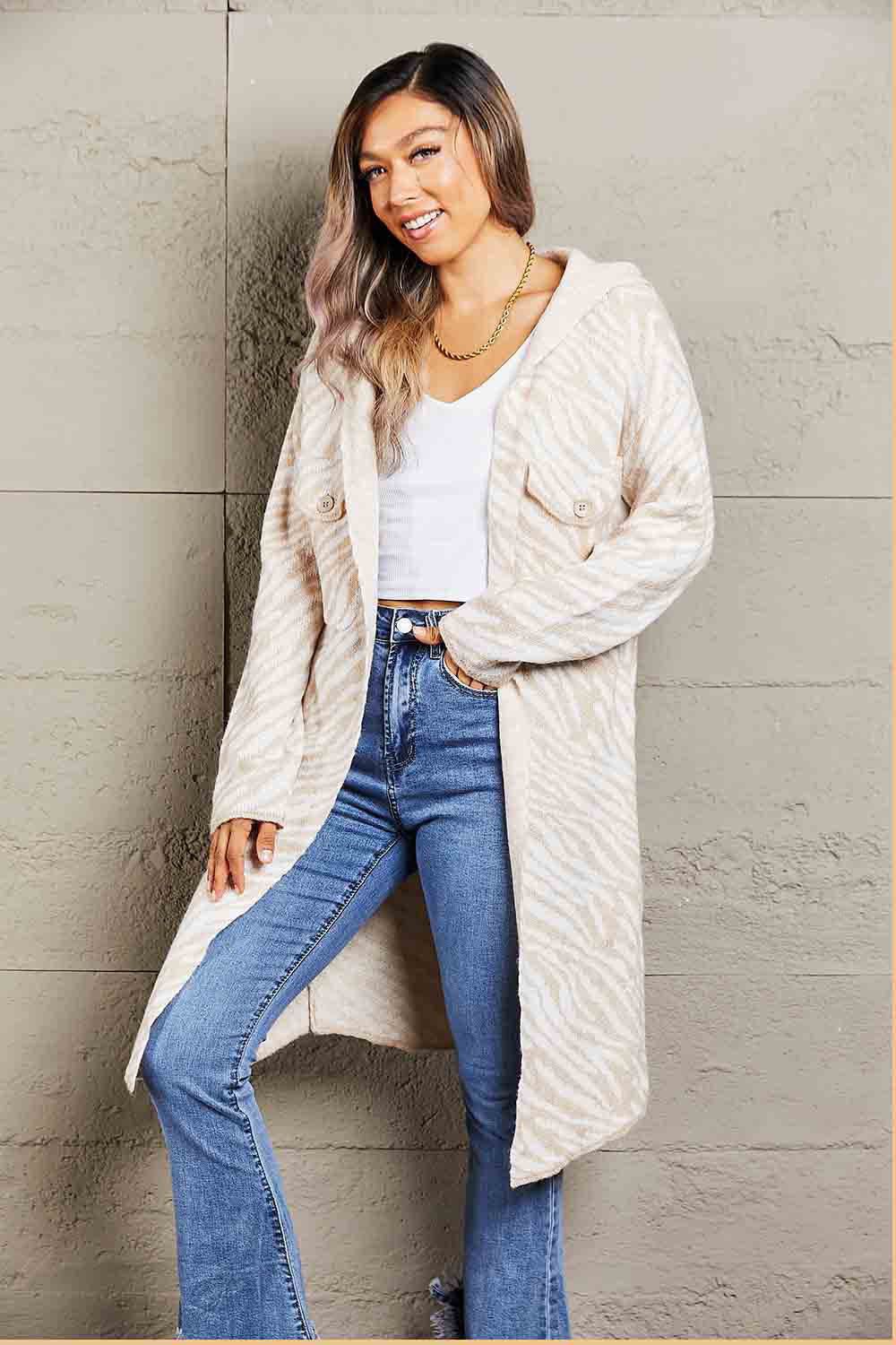 Double Take Printed Open Front Hooded Longline Cardigan king-general-store-5710.myshopify.com