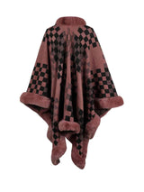 Checkered Faux Fur Trim Poncho king-general-store-5710.myshopify.com