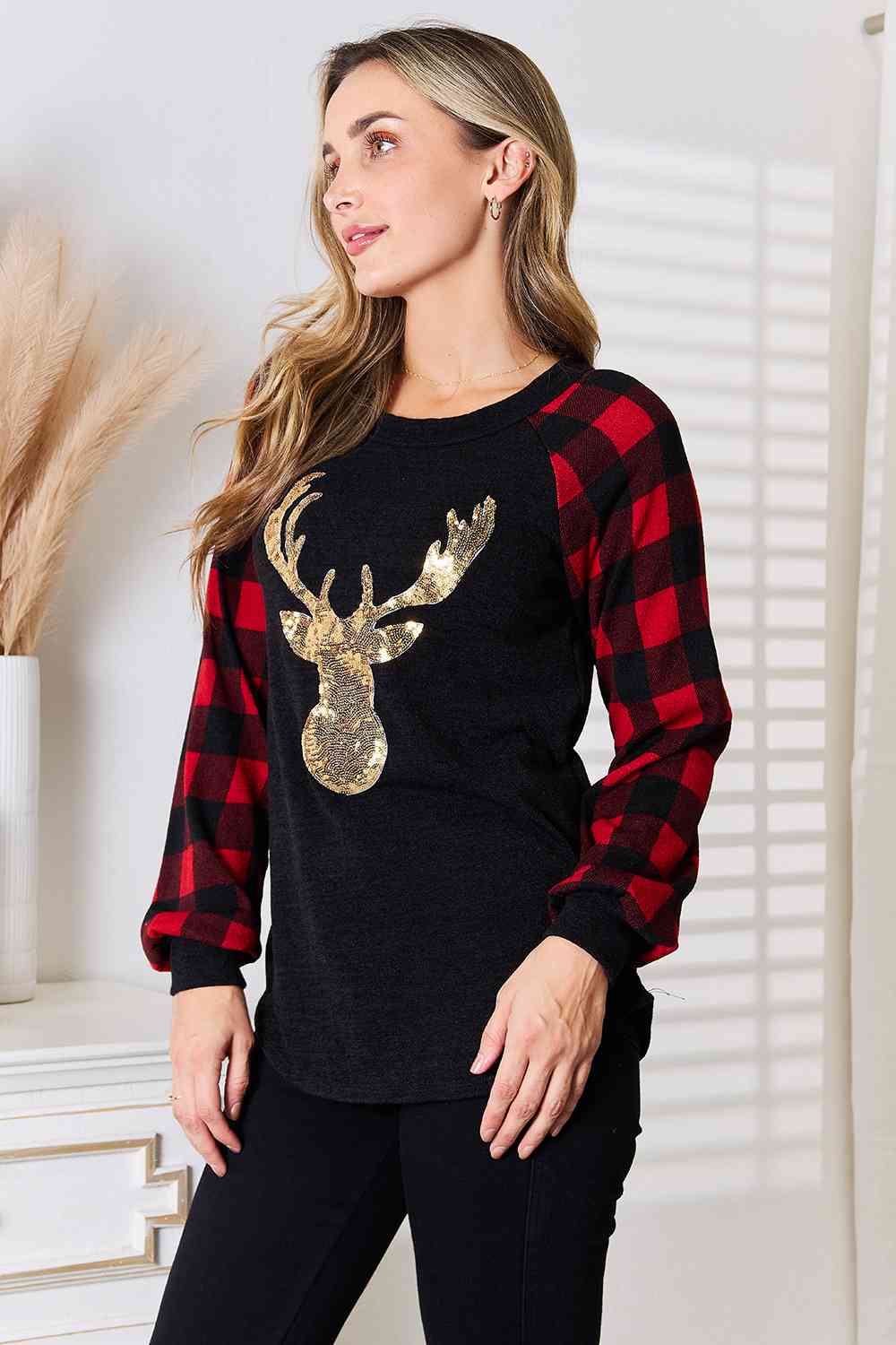 Heimish Full Size Sequin Reindeer Graphic Plaid Top king-general-store-5710.myshopify.com