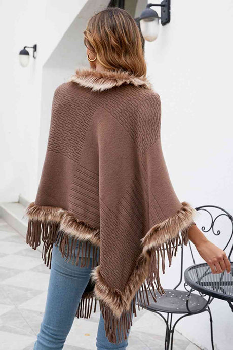 Faux Fur Trim Fringed Poncho king-general-store-5710.myshopify.com