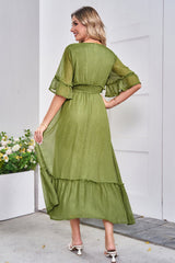 V-Neck Flounce Sleeve Smocked Waist High Slit Dress king-general-store-5710.myshopify.com
