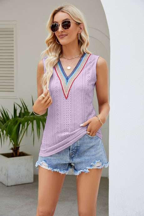 Contrast V-Neck Eyelet Tank king-general-store-5710.myshopify.com