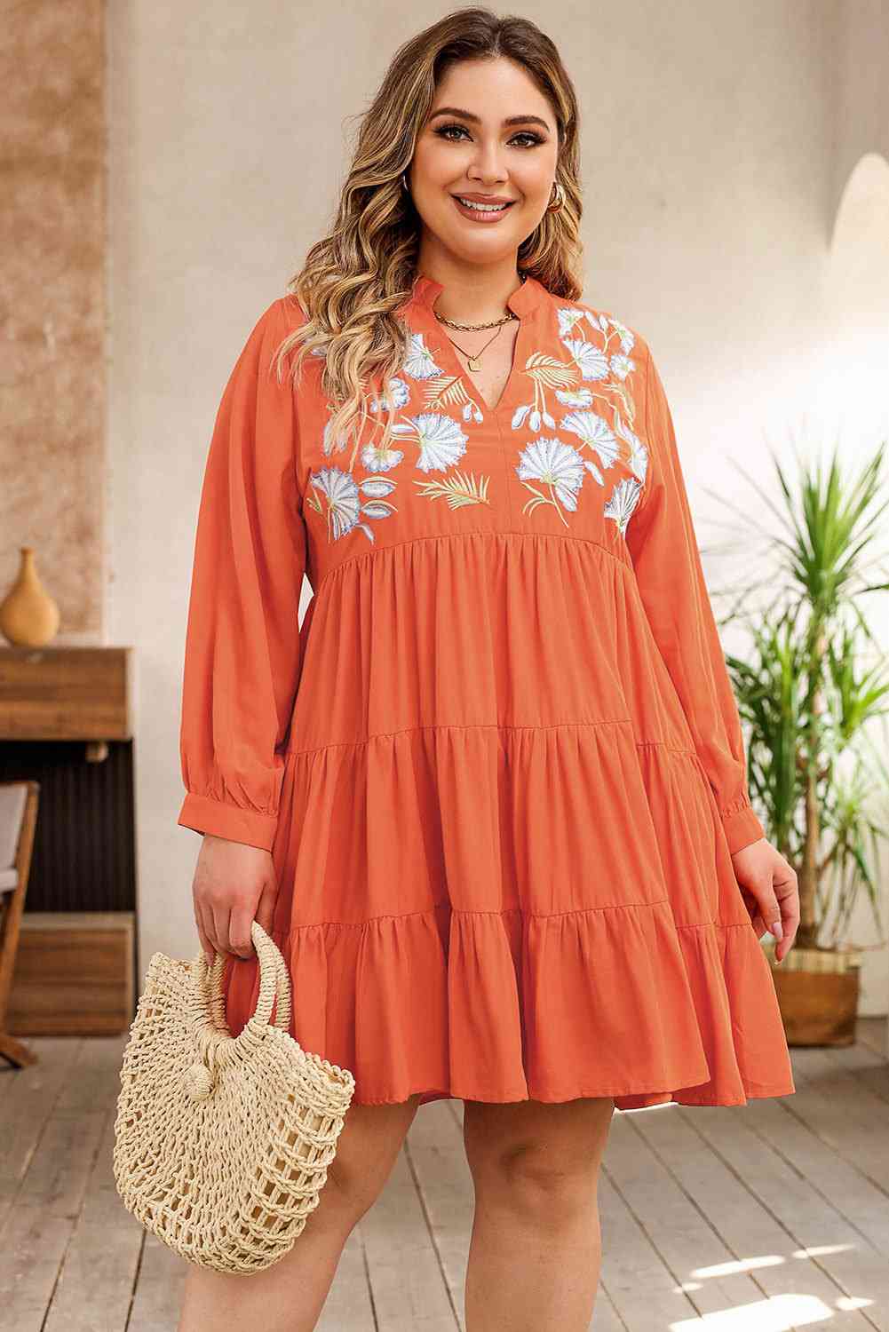 Plus Size Notched Neck Printed Long Sleeve Mini Dress king-general-store-5710.myshopify.com