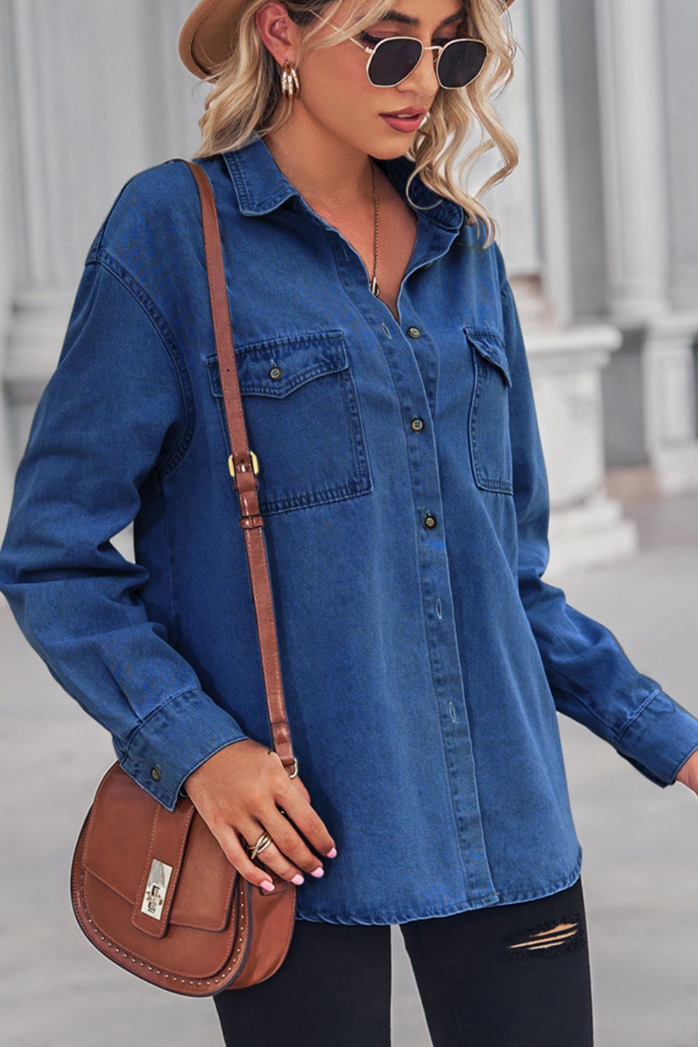 Collared Neck Dropped Shoulder Denim Top king-general-store-5710.myshopify.com