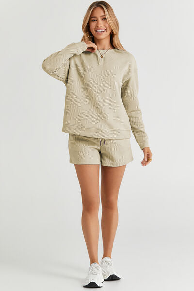 Double Take Full Size Texture Long Sleeve Top and Drawstring Shorts Set king-general-store-5710.myshopify.com