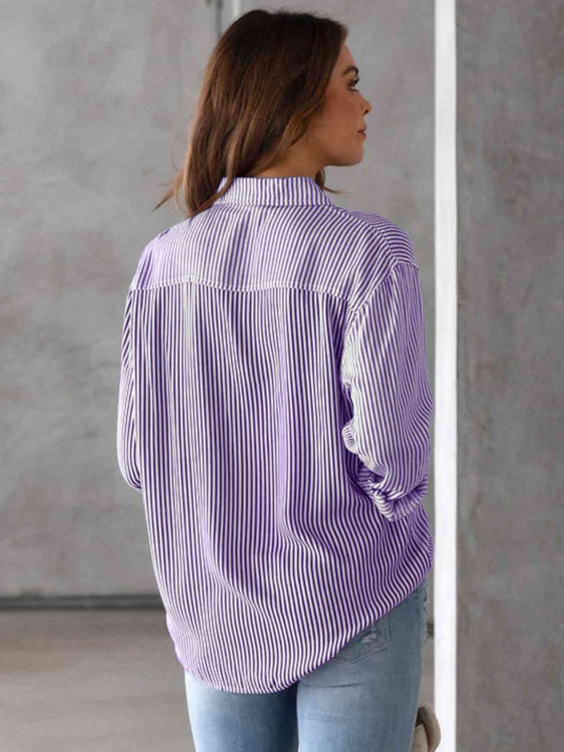 Striped Collared Neck Shirt with Pocket king-general-store-5710.myshopify.com