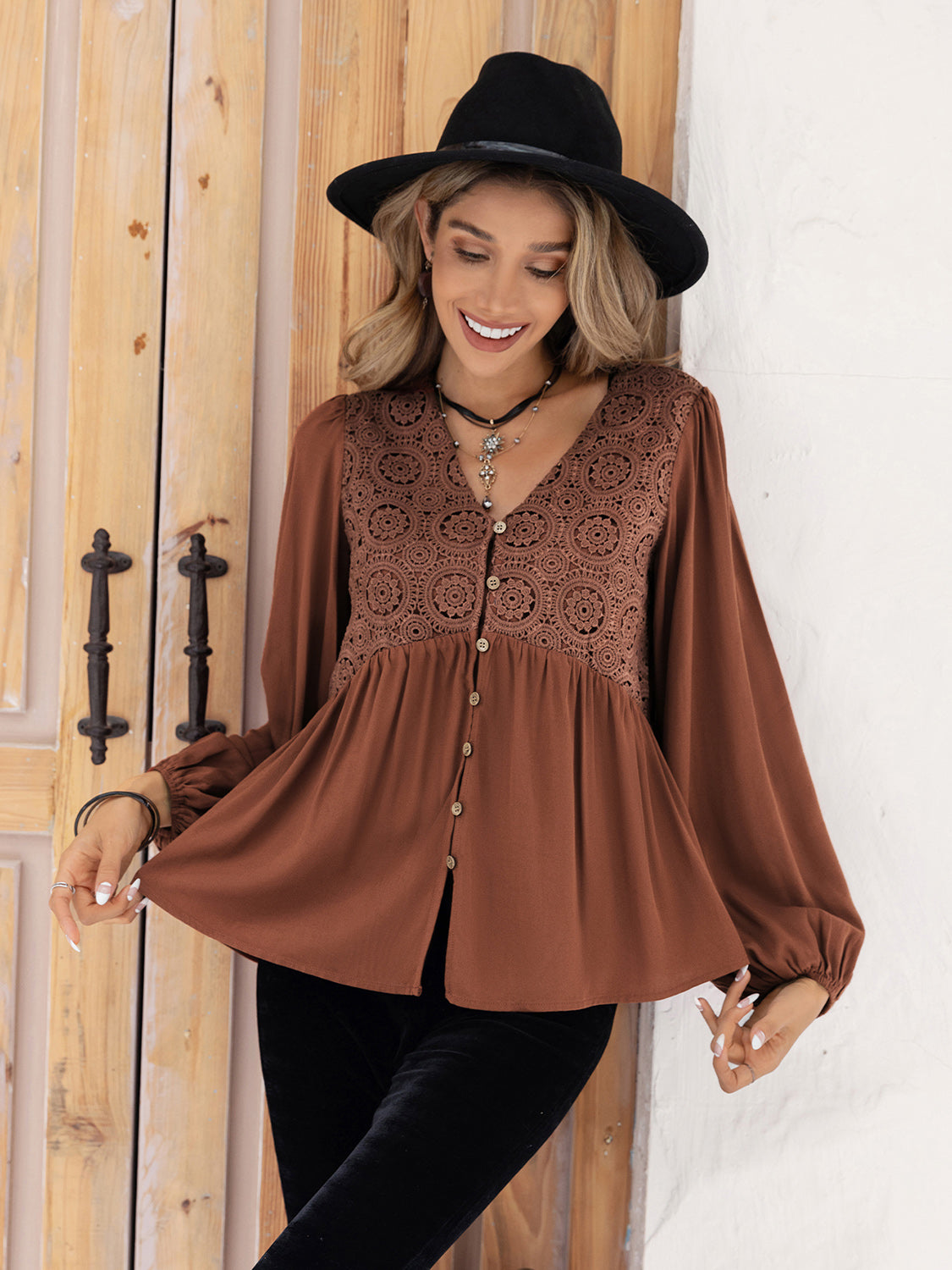 Printed V-Neck Long Sleeve Blouse king-general-store-5710.myshopify.com