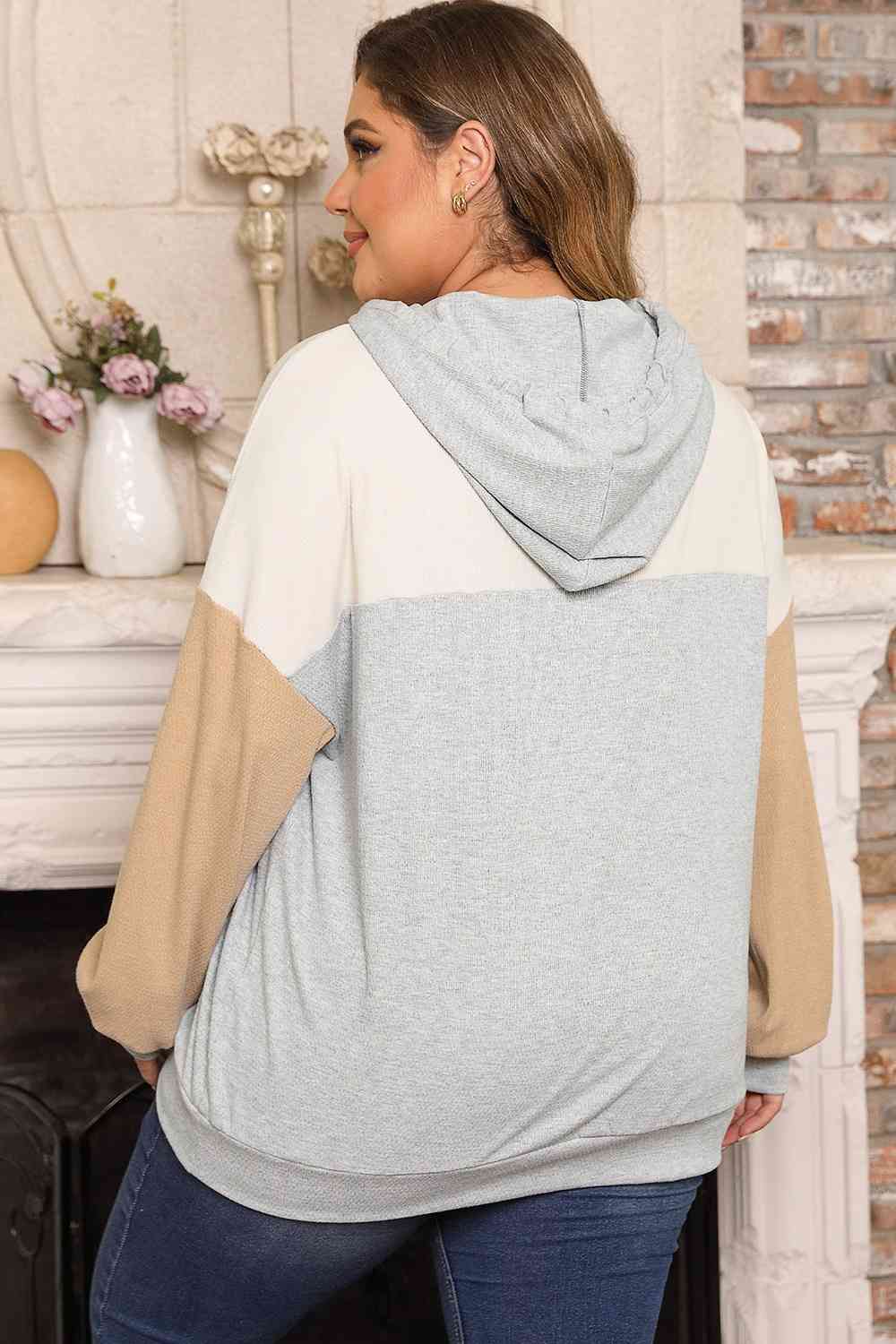 Plus Size Color Block Drawstring Long Sleeve Hoodie king-general-store-5710.myshopify.com