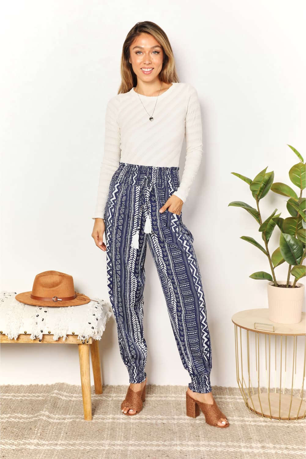 Double Take Geometric Print Tassel High-Rise Pants king-general-store-5710.myshopify.com