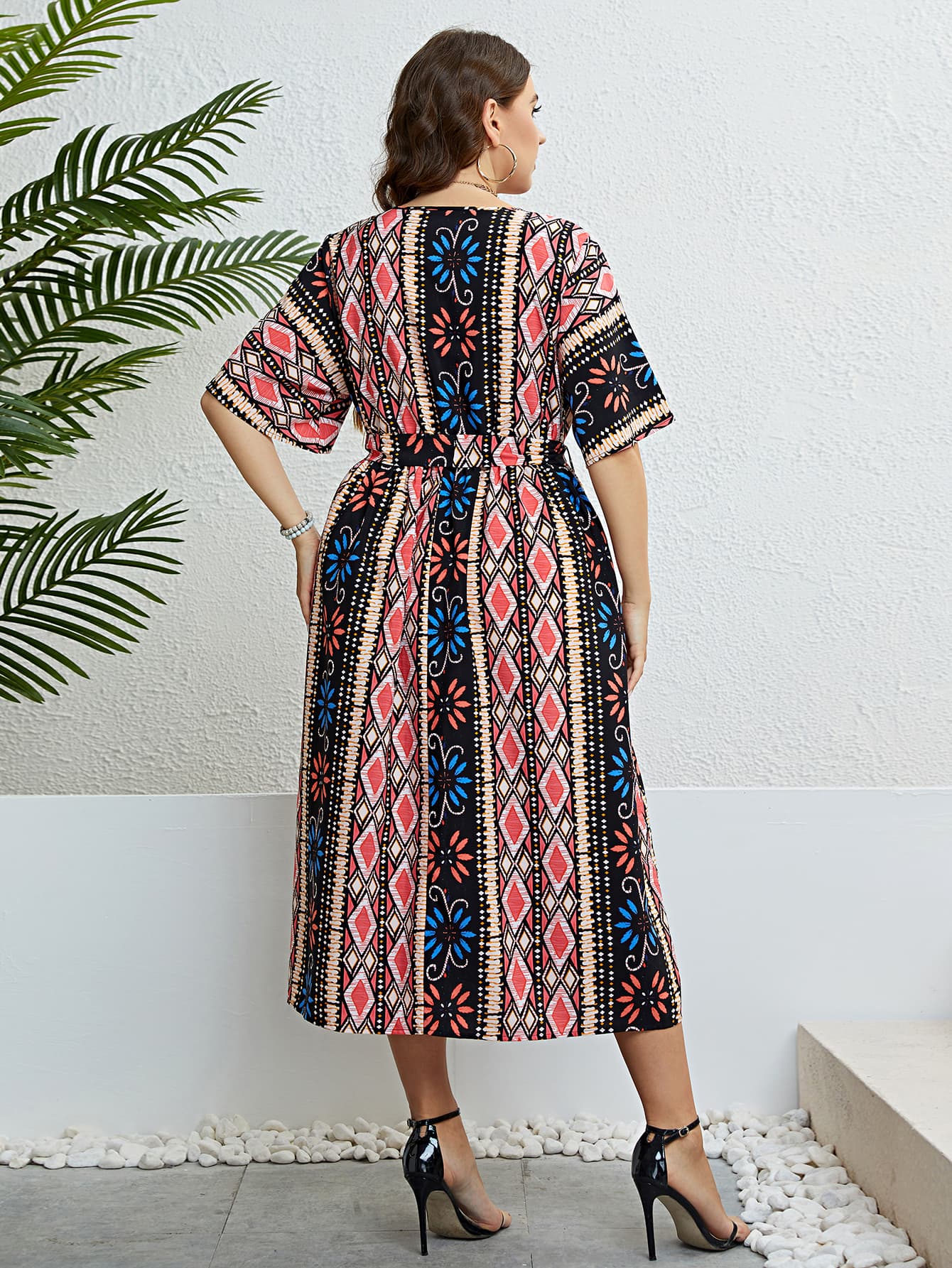 Plus Size Bohemian V-Neck Tie Belt Midi Dress king-general-store-5710.myshopify.com