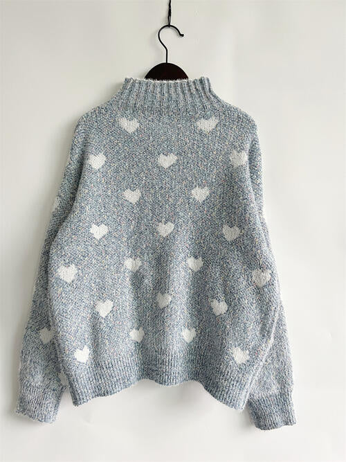 Heart Heathered Turtleneck Drop Shoulder Sweater king-general-store-5710.myshopify.com