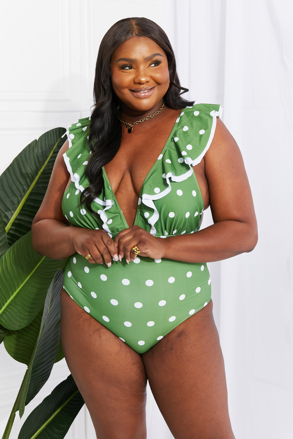 Marina West Swim Moonlit Dip Ruffle Plunge Swimsuit in Mid Green king-general-store-5710.myshopify.com