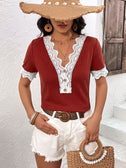 Decorative Button Spliced Lace Short Sleeve Top king-general-store-5710.myshopify.com