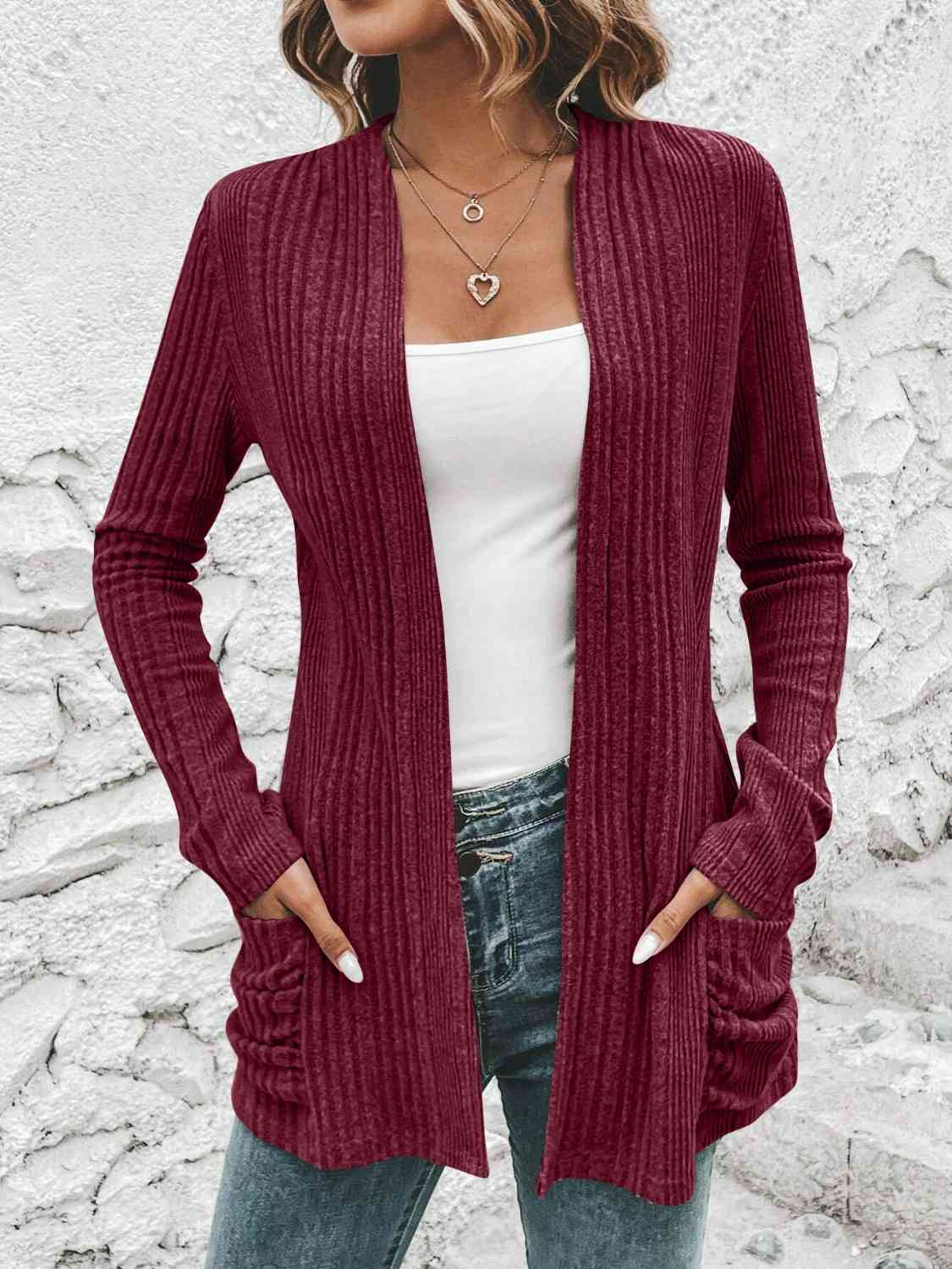 Ribbed Open Front Cardigan with Pockets king-general-store-5710.myshopify.com