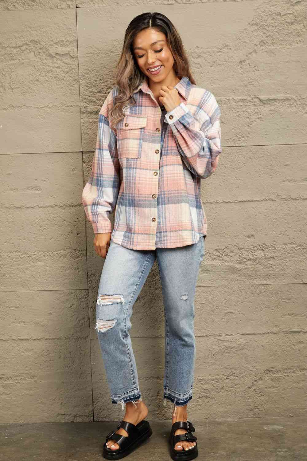 Double Take Plaid Dropped Shoulder Shacket king-general-store-5710.myshopify.com