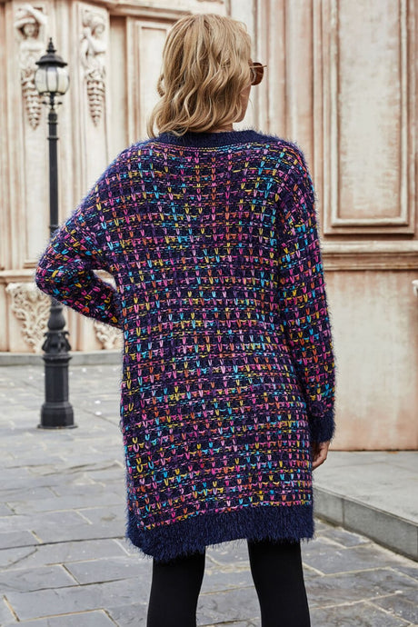 Multicolored Ribbed Trim Open Front Cardigan with Pockets king-general-store-5710.myshopify.com