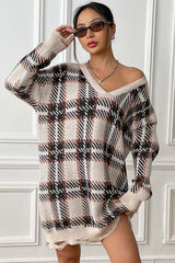 Plaid V-Neck Long Sleeve Sweater Dress king-general-store-5710.myshopify.com