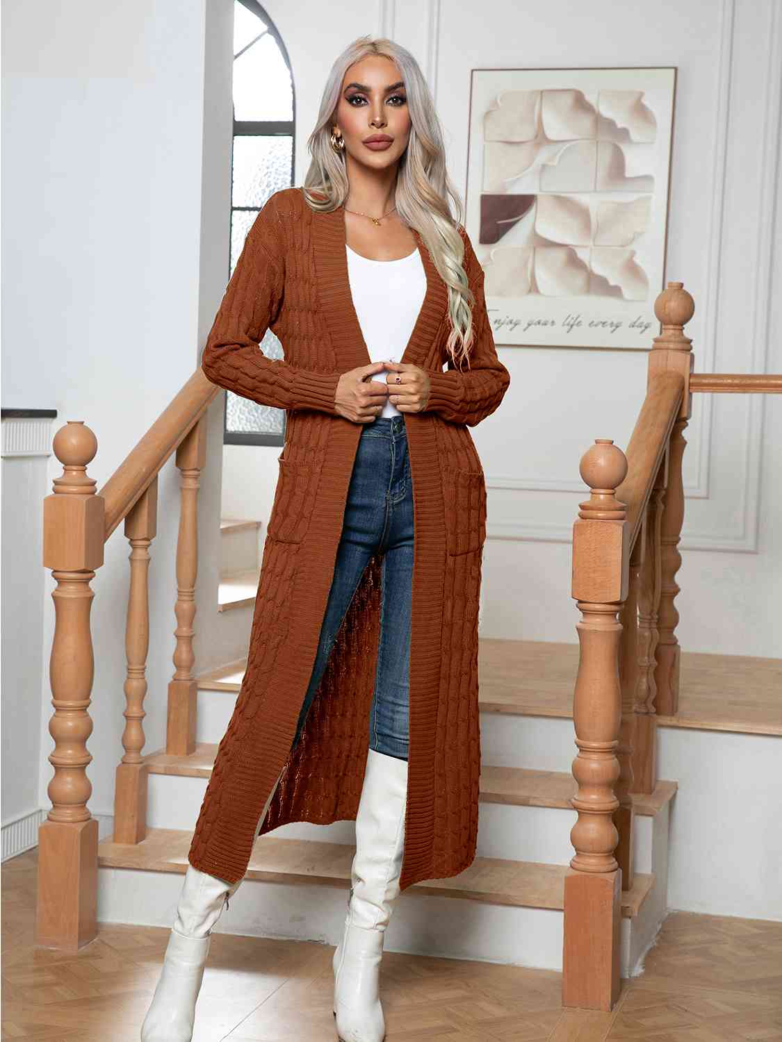 Cable-Knit Open Front Cardigan with Pockets king-general-store-5710.myshopify.com