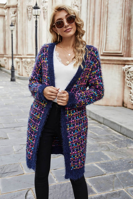 Multicolored Ribbed Trim Open Front Cardigan with Pockets king-general-store-5710.myshopify.com