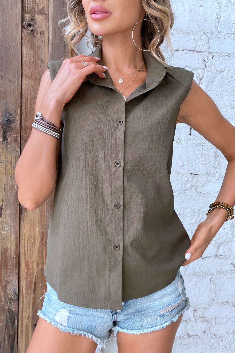 Collared Neck Sleeveless Shirt king-general-store-5710.myshopify.com