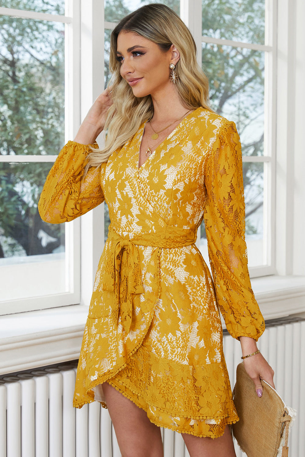 Pompom Trim Puff Sleeve Belted Lace Dress king-general-store-5710.myshopify.com