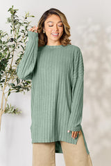 Basic Bae Full Size Ribbed Round Neck Long Sleeve Slit Top king-general-store-5710.myshopify.com