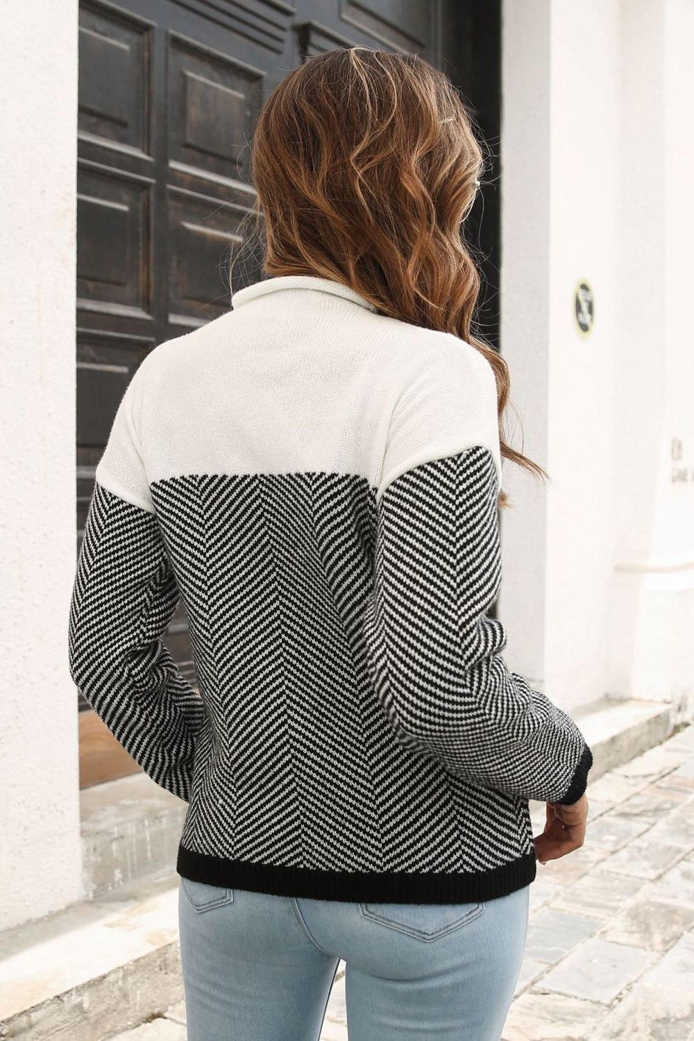 Two-Tone Mock Neck Dropped Shoulder Pullover Sweater king-general-store-5710.myshopify.com