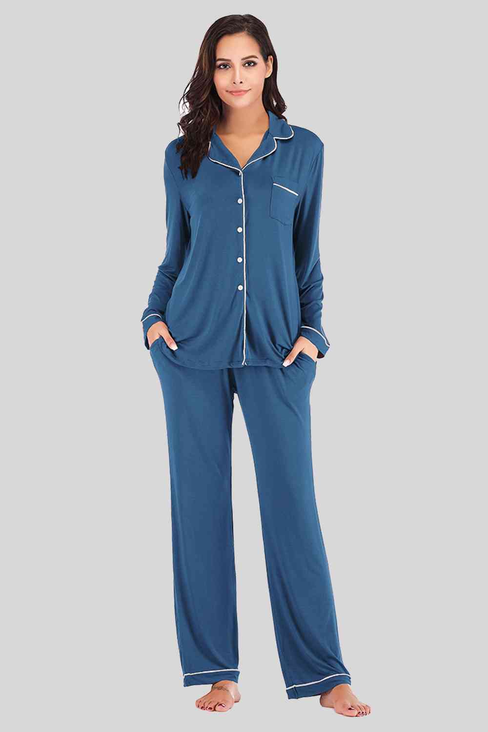 Collared Neck Long Sleeve Loungewear Set with Pockets king-general-store-5710.myshopify.com