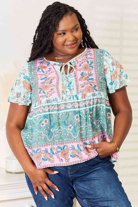 Double Take Floral Tie Neck Short Sleeve Blouse king-general-store-5710.myshopify.com