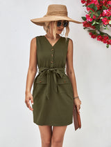 Buttoned V-Neck Belted Sleeveless Dress king-general-store-5710.myshopify.com