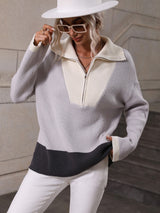 Double Take Color Block Half-Zip Dropped Shoulder Knit Pullover king-general-store-5710.myshopify.com