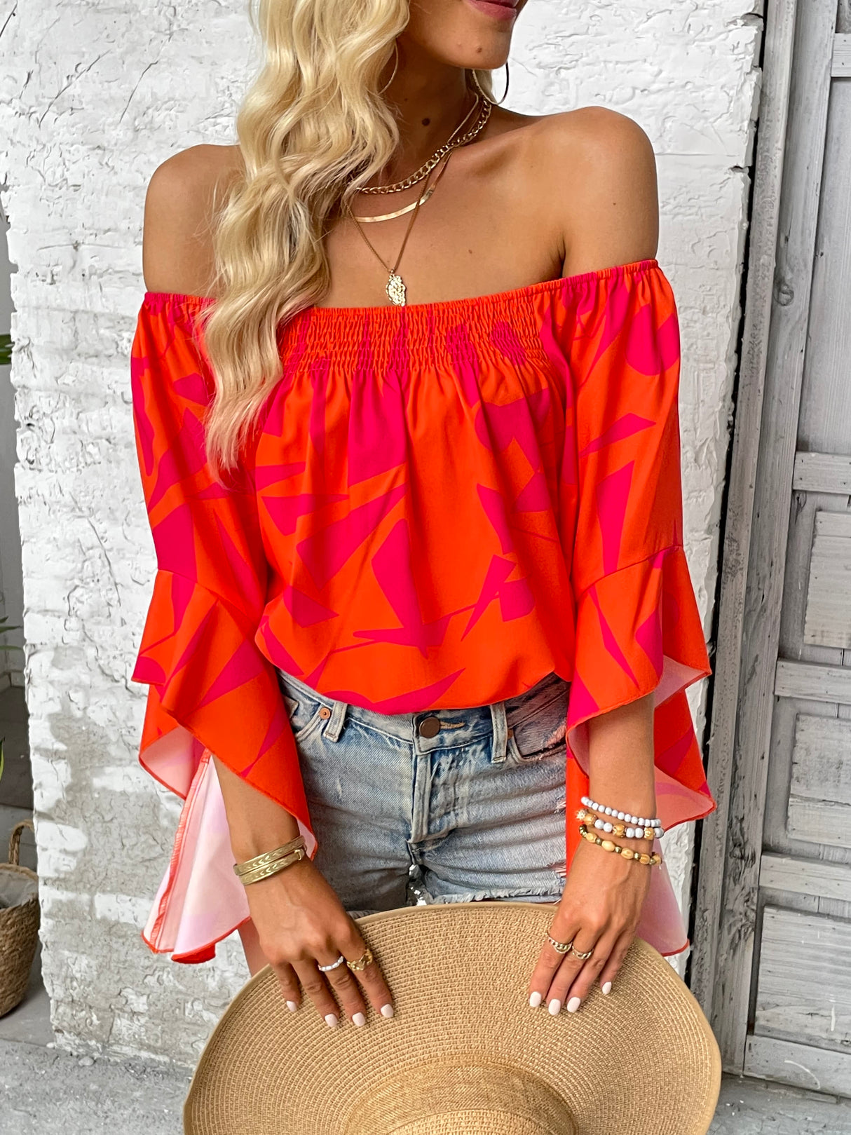 Printed Off-Shoulder Bell Sleeve Blouse king-general-store-5710.myshopify.com