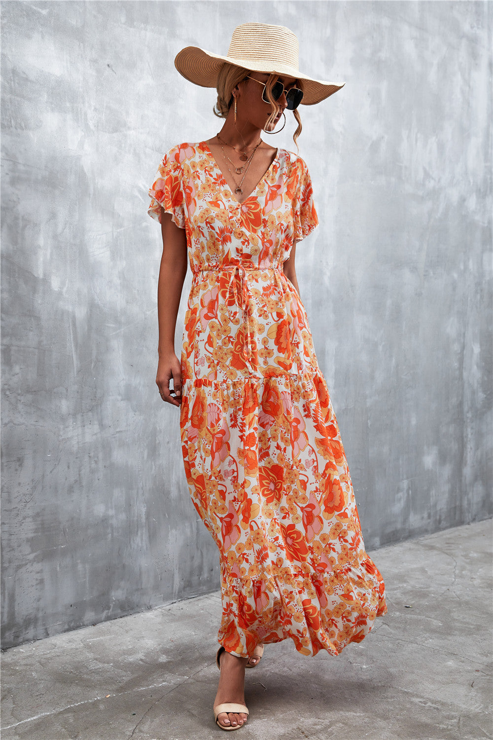 Floral Buttoned Drawstring Waist Tiered Dress king-general-store-5710.myshopify.com