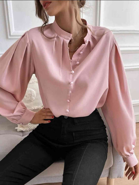 Mock Neck Button Front Shirt king-general-store-5710.myshopify.com