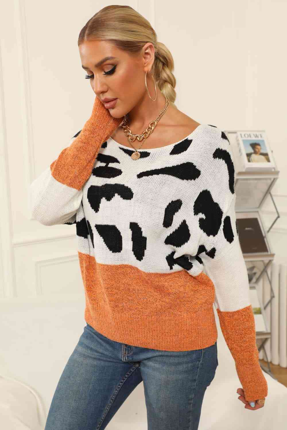 Full Size Two-Tone Boat Neck Sweater king-general-store-5710.myshopify.com