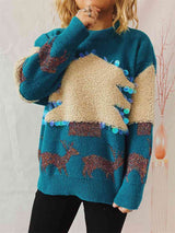 Sequin Christmas Tree & Reindeer Round Neck Sweater king-general-store-5710.myshopify.com