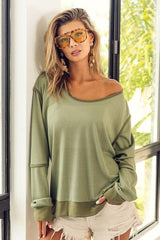 BiBi Waffle Knit Contrast Trim Long Sleeve T-Shirt king-general-store-5710.myshopify.com